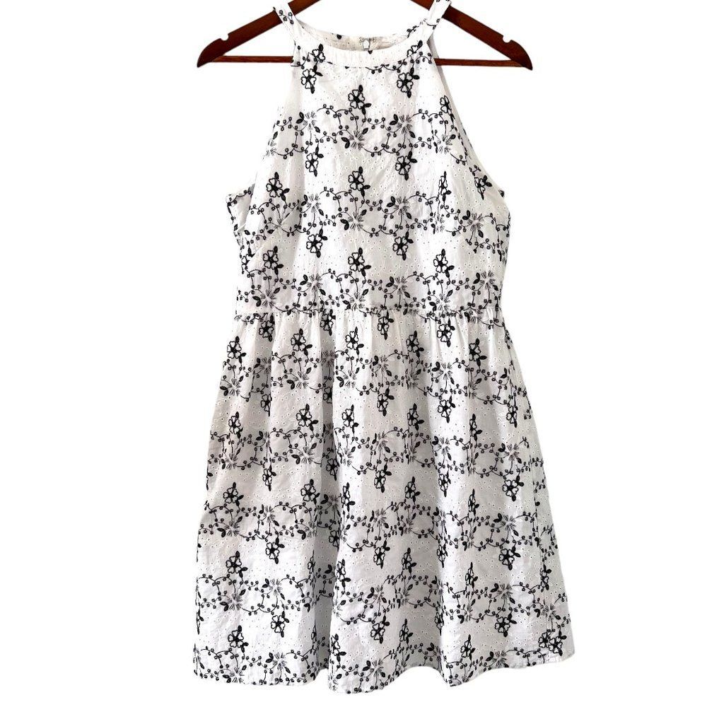 LOFT NEW White With Black Embroidery Eyelet Lace Halter Style Dress Size M